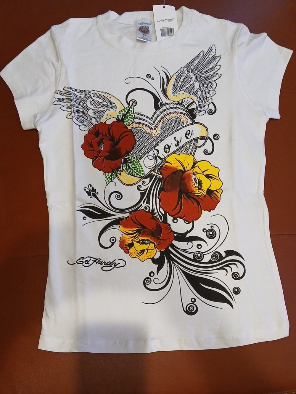 Ed Hardy by Christian Audigier Rhinestone "ROSE" Ladies T-shirt Size:Large  NWT